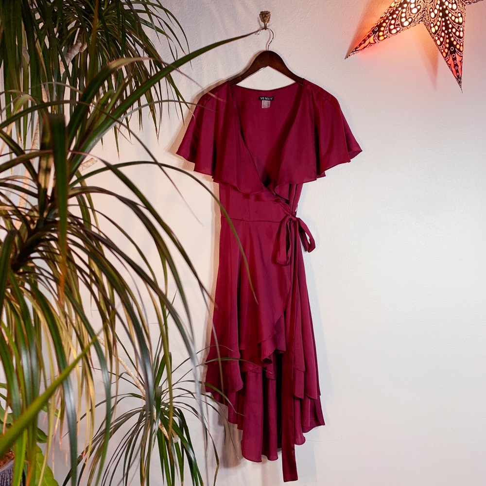 Ruffle Detail Wrap Dress Size S Berry Color
